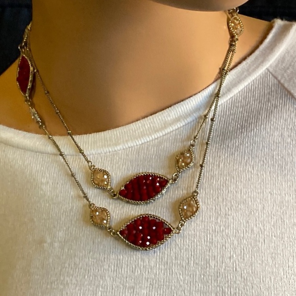 Crimson and champagne beaded versatile necklace
